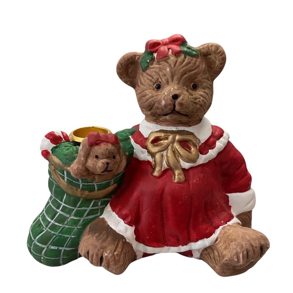 Vintage 1990s Holiday Collection Terracotta Teddy Bear Candle Holder - Picture 3 of 7